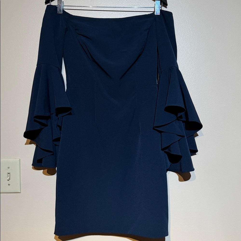 Milly Navy Off-Shoulder Dress with Ruffled Sleeves